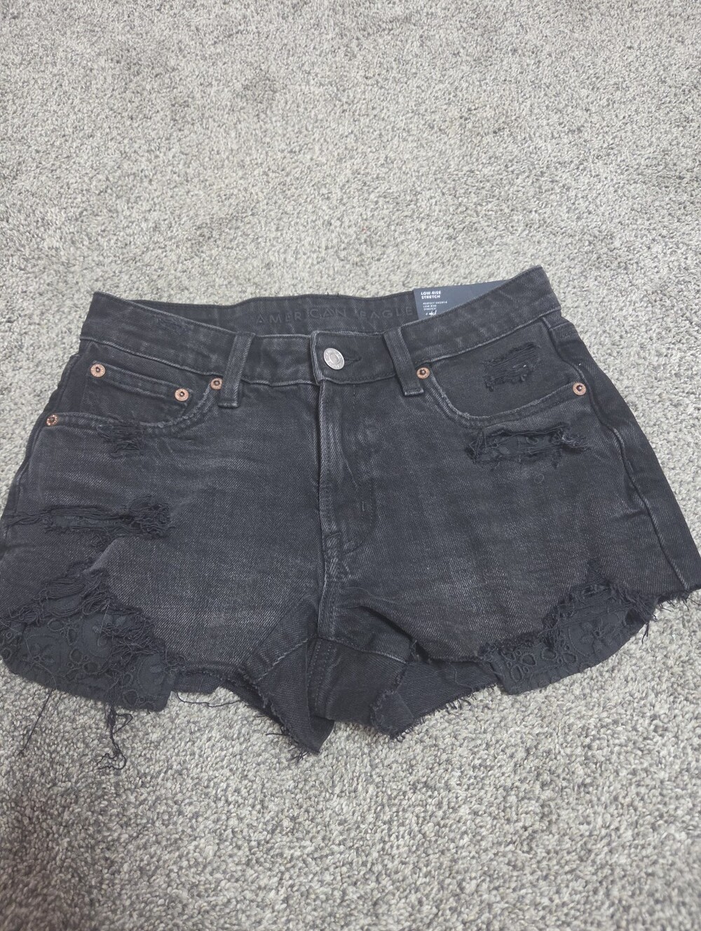 American Eagle Outfitters Black Distressed Denim Shorts with Lace Hem